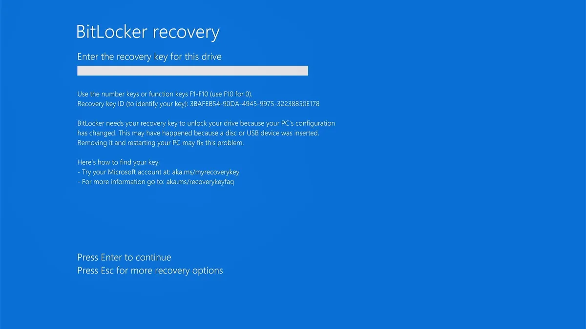 BitLocker recovery key screen