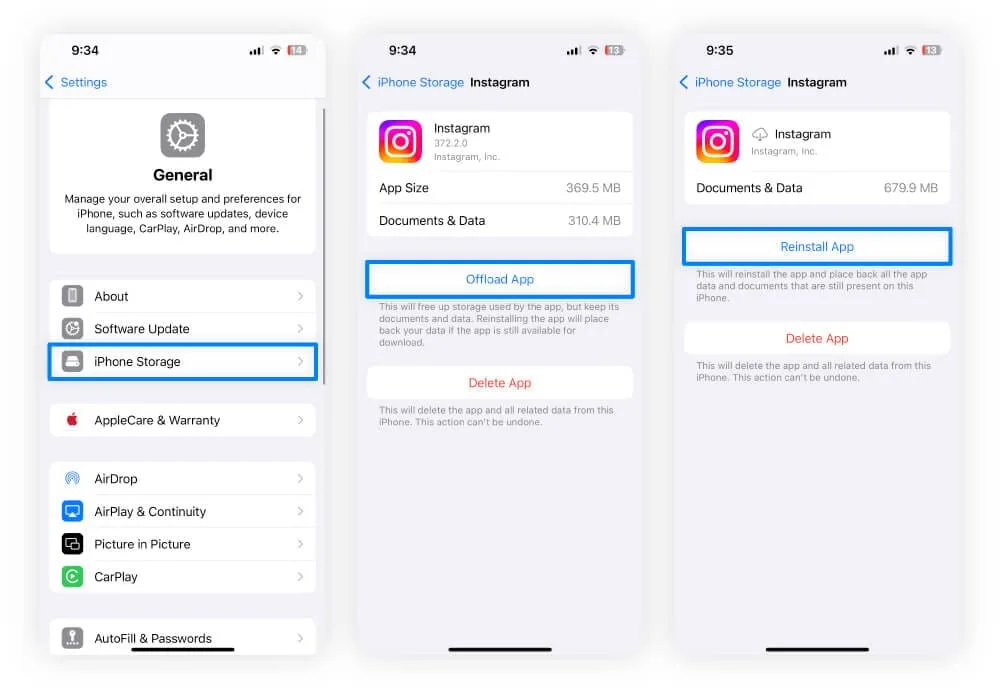 clear app data offload instagram