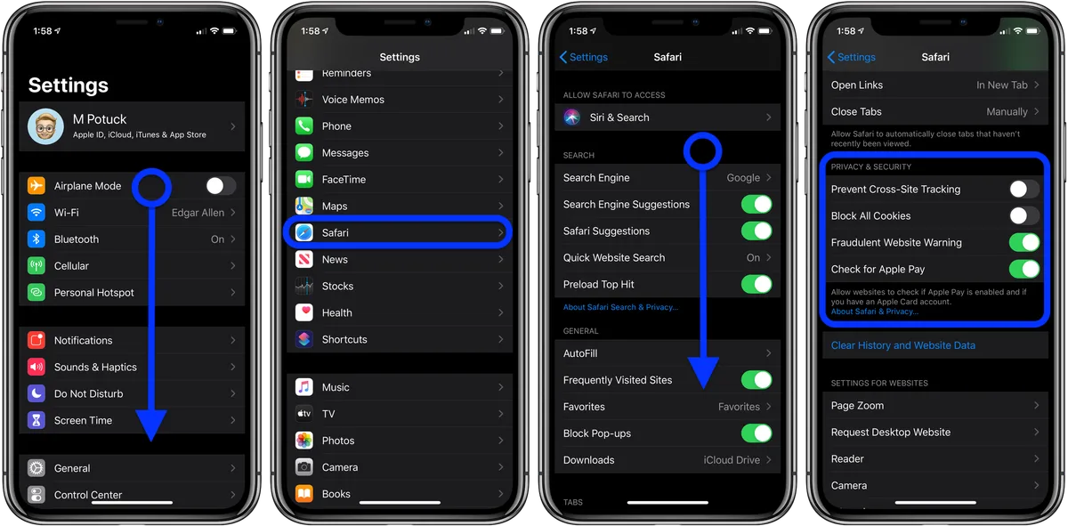 iPhone Safari settings menu