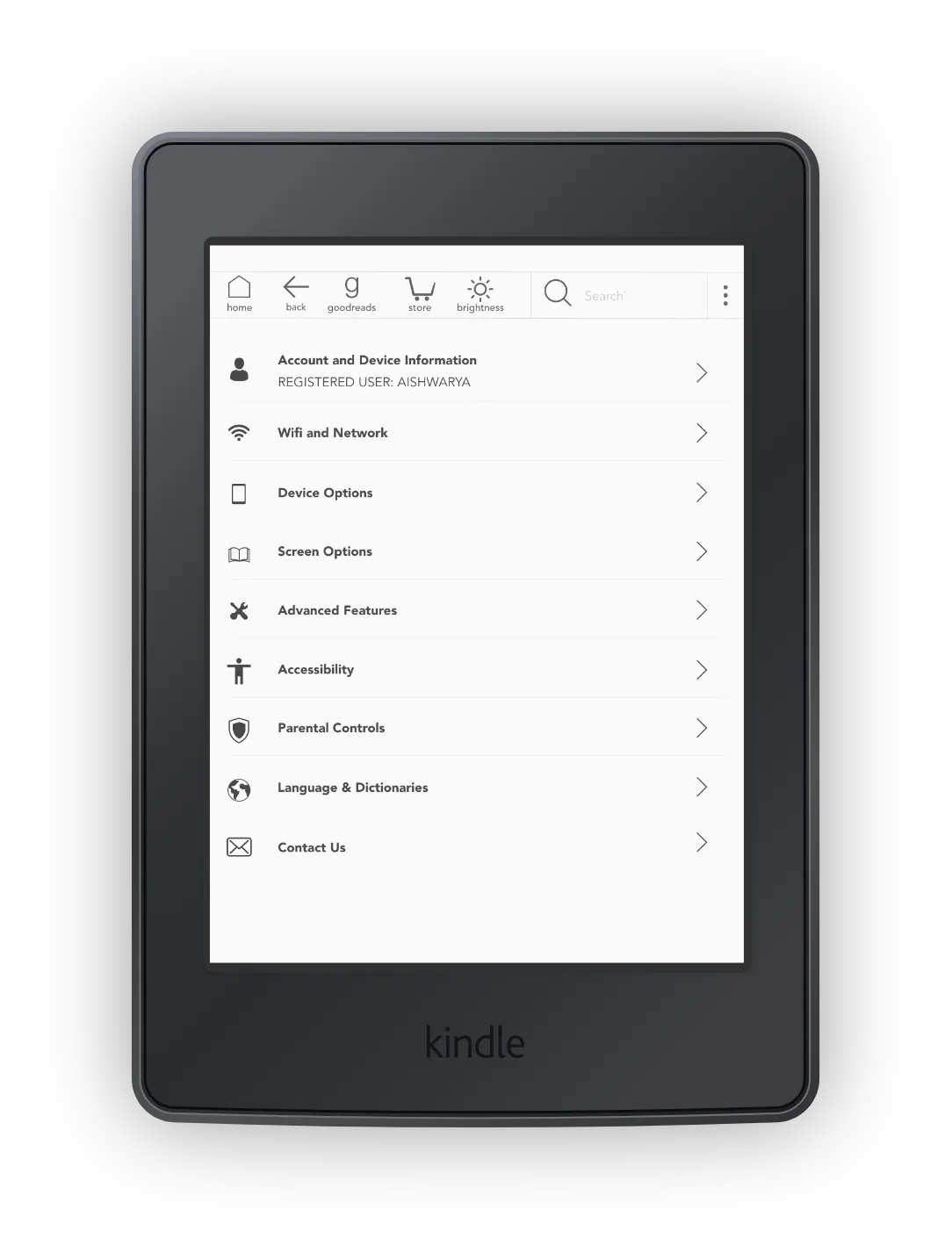 Kindle settings menu