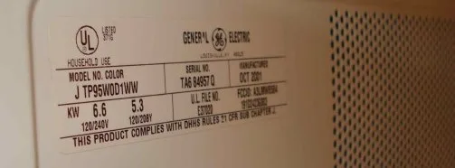 microwave model number label