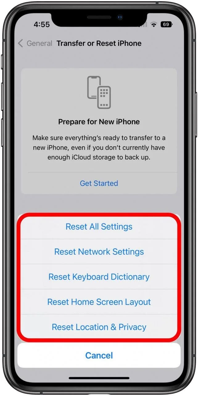 reset all settings vs erase all content
