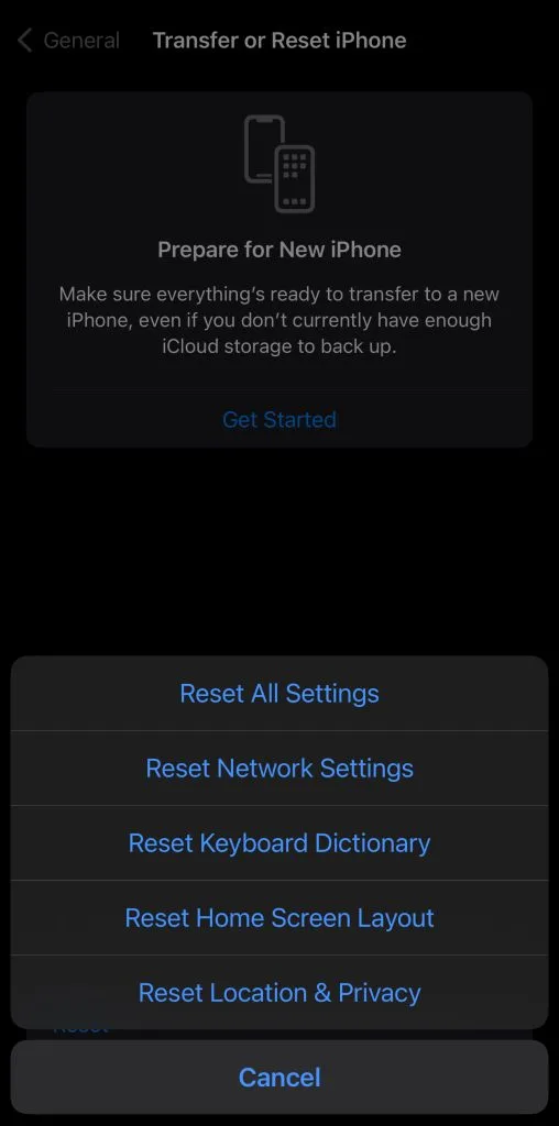 Reset submenu options