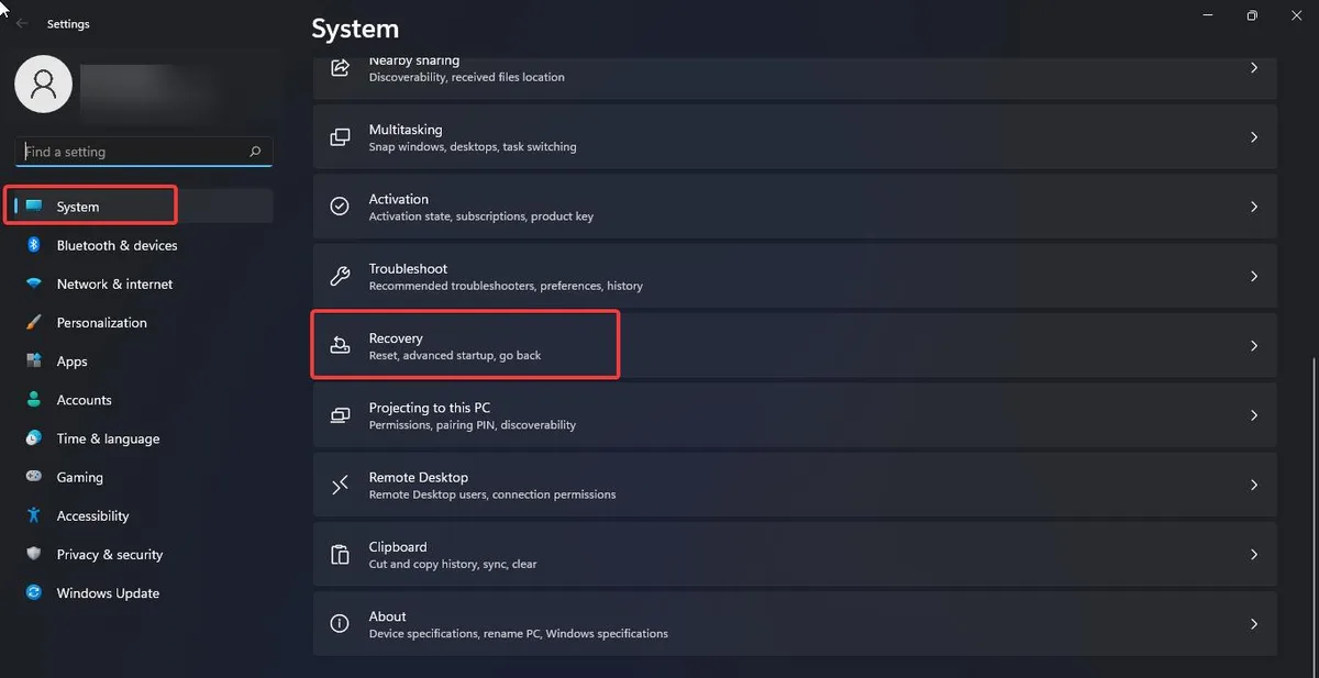 Settings recovery page