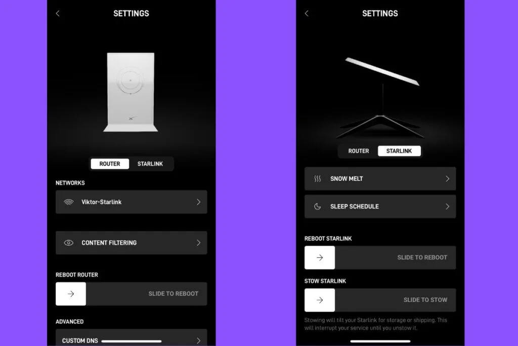 Starlink app on phone showing factory reset option