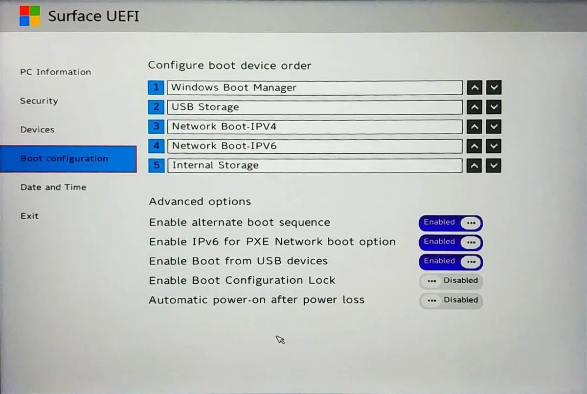 Surface UEFI boot menu