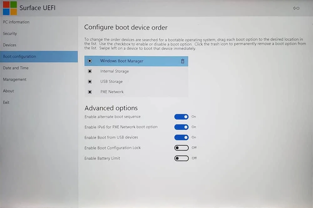 Surface UEFI boot menu
